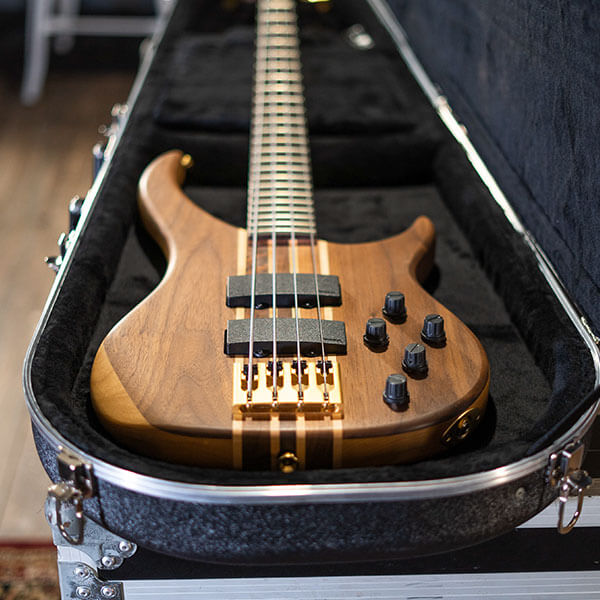head-on view of electric bass in hardshell case